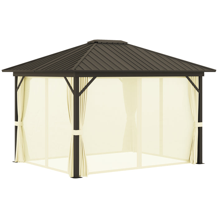 Cream Hardtop Gazebo: 11.9'x9.8' Metal Roof Canopy with Curtains & Netting Top