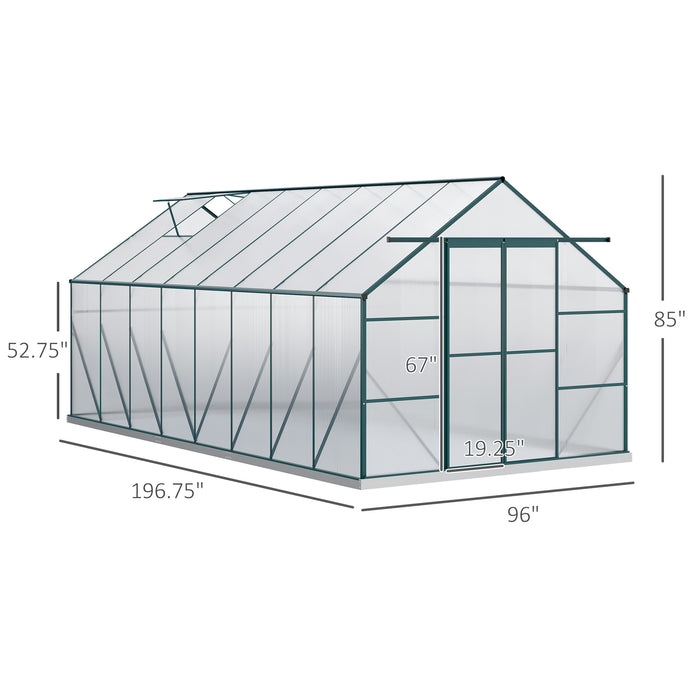 16' x 8' Aluminum Greenhouse, Walk-in Garden Greenhouse Kit with Adjustable Roof Vent, Rain Gutter and Sliding Door for Winter, Clear