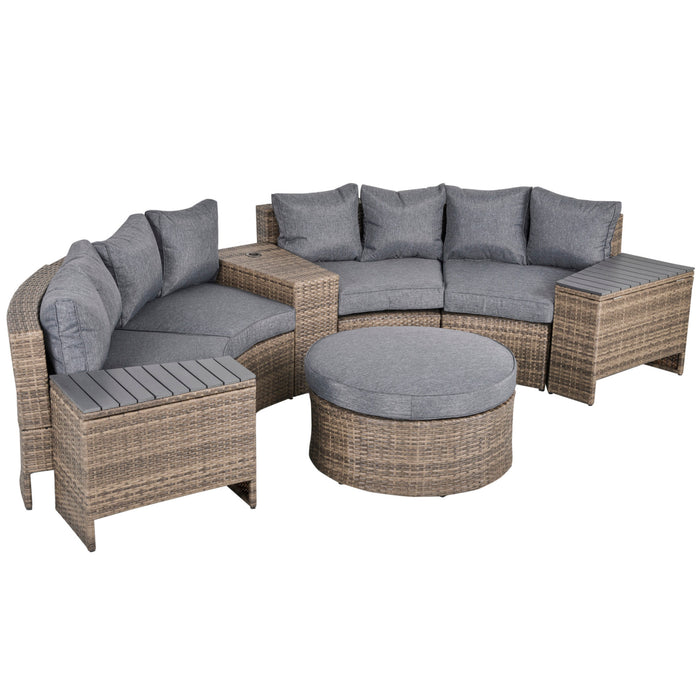 8 Piece Outdoor Rattan Sofa, Half Round Patio Furniture Set with Side Tables, Umbrella Hole, and Cushions, Mixed Grey