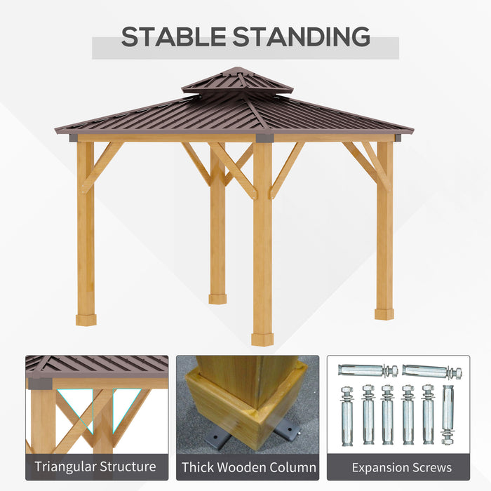 10' x 10' Hardtop Gazebo Canopy Patio Shelter Outdoor with Solid Wood Frame, Steel Double Tier Roof, Brown