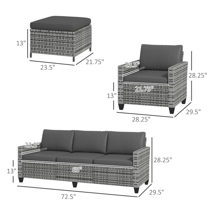 5PC Outdoor Rattan Furniture Set Three-Seater Sofa Armchairs Footstools Cushions Stylish Mixed Gray