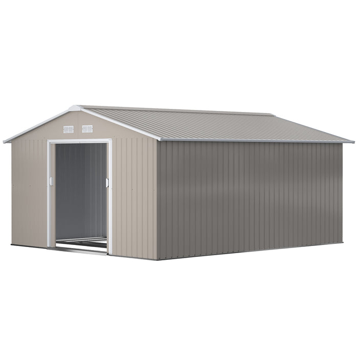 11' x 12.6' Metal Storage Shed, Tin Garden Shed with Double Sliding Doors, 4 Air Vents for Backyard, Patio & Lawn, Light Gray