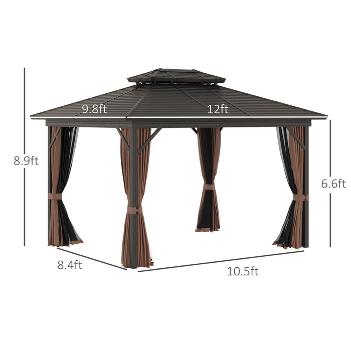 Hardtop Gazebo 10x12 with Curtains Netting Metal Roof Aluminum Brown