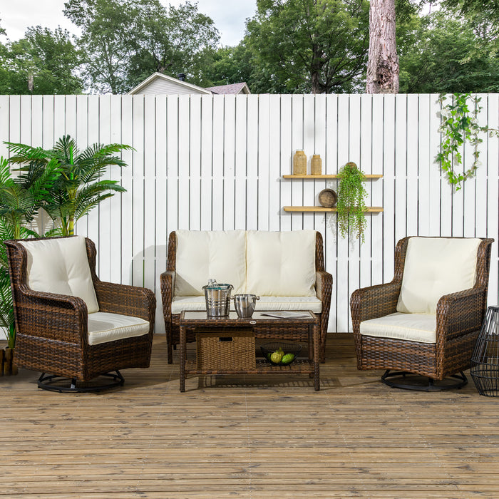 4pc Rattan Patio Set Outdoor Conversation with Swivel Rocking Chairs Cream