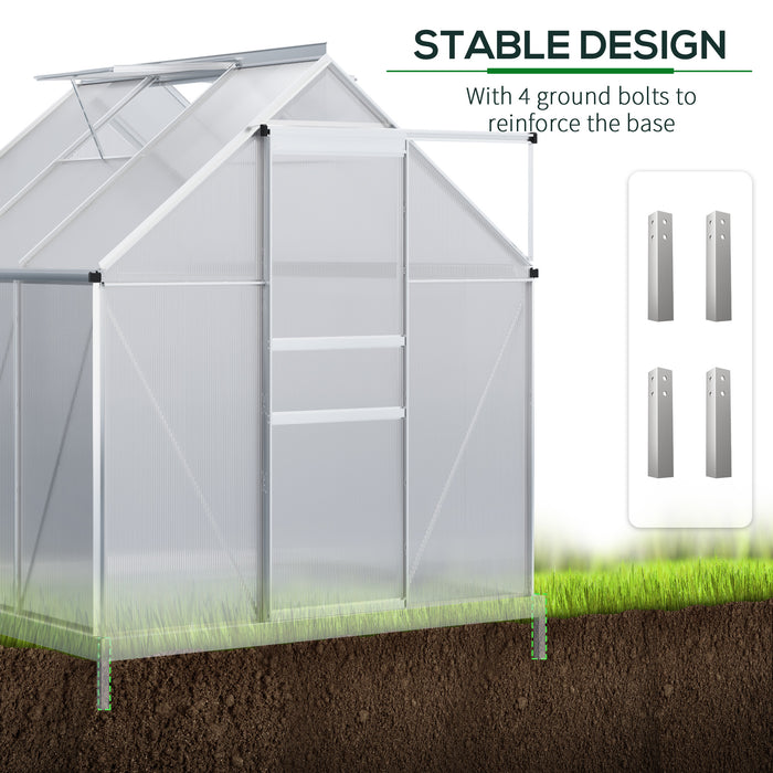 6'x6' Greenhouse with Polycarbonate, Heavy-Duty Greenhouse w/Adjustable Roof Vent, Rain Gutter and Sliding Door, Silver