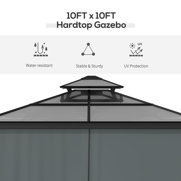 10x10 Aluminum Hardtop Gazebo Outdoor Shelter with Polycarbonate Canopy Curtains Netting Black