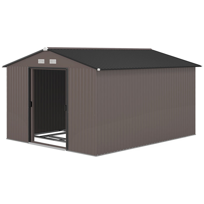 Outsunny Outdoor Storage Shed 11x9 with Foundation Sliding Doors Vents Brown for Backyard Patio