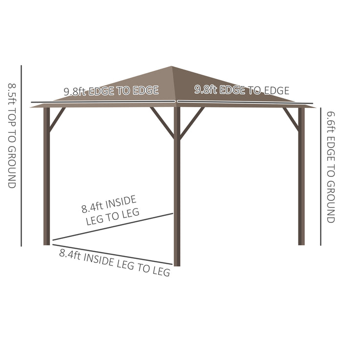 10x10 Hardtop Gazebo with Aluminum Frame, Permanent Metal Roof Gazebo Canopy with Curtains and Netting for Garden, Light Brown