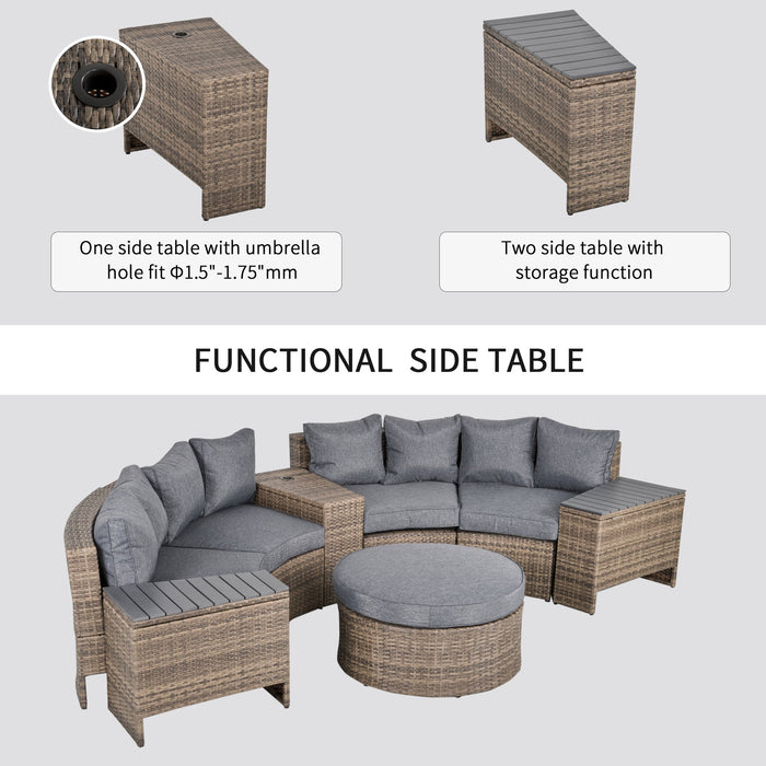 8 Piece Outdoor Rattan Sofa, Half Round Patio Furniture Set with Side Tables, Umbrella Hole, and Cushions, Mixed Grey