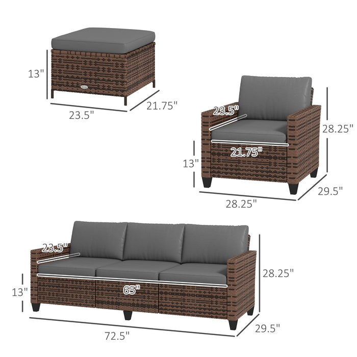 5-Piece Patio Furniture Set with PE Rattan Three-Seater Sofa, Armchairs, Footstools, Cushions, Mixed Brown