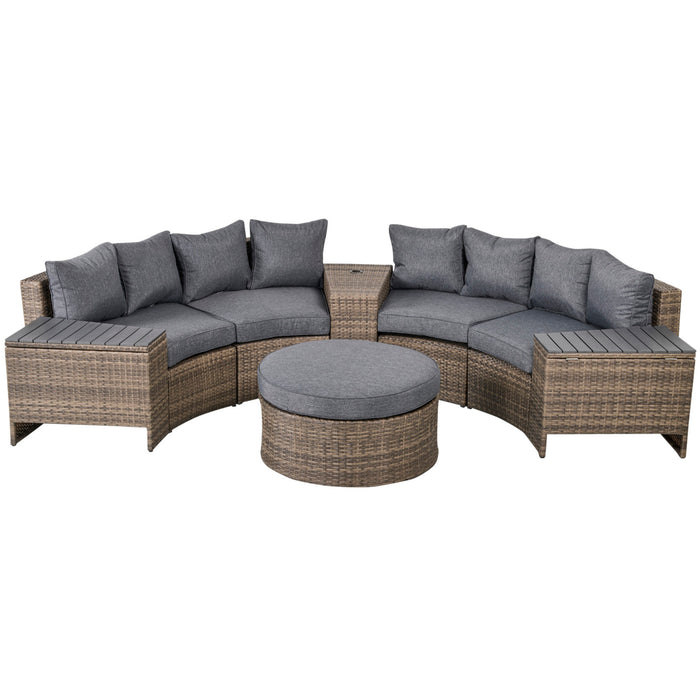 8 Piece Outdoor Rattan Sofa, Half Round Patio Furniture Set with Side Tables, Umbrella Hole, and Cushions, Mixed Grey