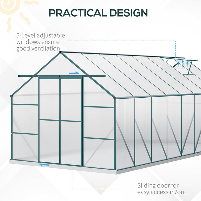 16' x 8' Aluminum Greenhouse, Walk-in Garden Greenhouse Kit with Adjustable Roof Vent, Rain Gutter and Sliding Door for Winter, Clear