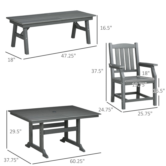 6 Pieces Patio Dining Set, 6 Seater Outdoor Table and Chairs Loveseat with Umbrella Hole, Cushions, for Poolside, Backyard, Dark Gray