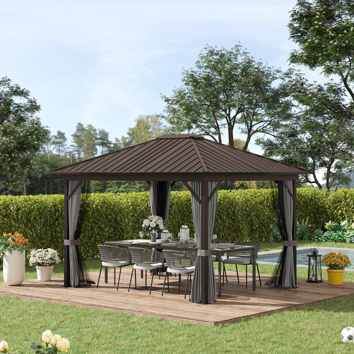 10x12 Aluminum Hardtop Gazebo Grey Permanent Metal Roof Canopy with Curtains Netting for Garden Patio Backyard