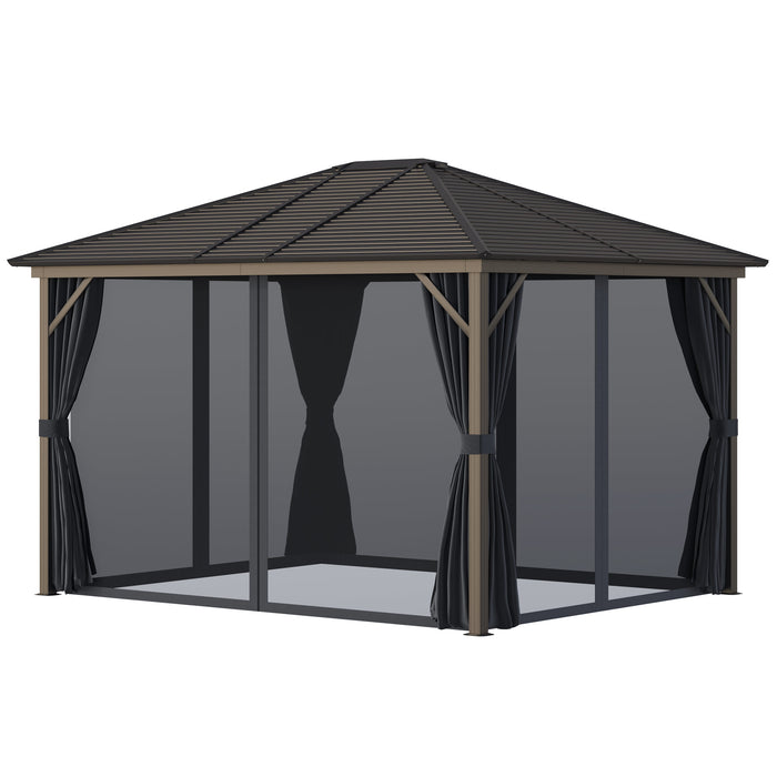 Alfresco Aluminum Haven: 10'x12' Hardtop Gazebo with Dark Grey Frame, Curtain Netting for Gardens