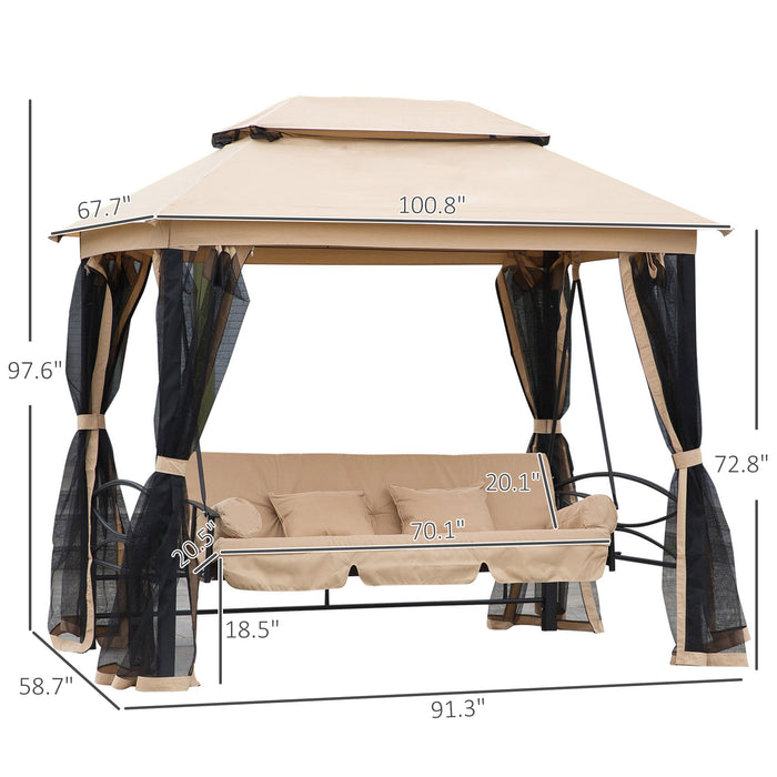 3 Person Patio Swing Chair, Gazebo Swing with Double Tier Canopy, Cushioned Seat, Mesh Sidewalls, Beige