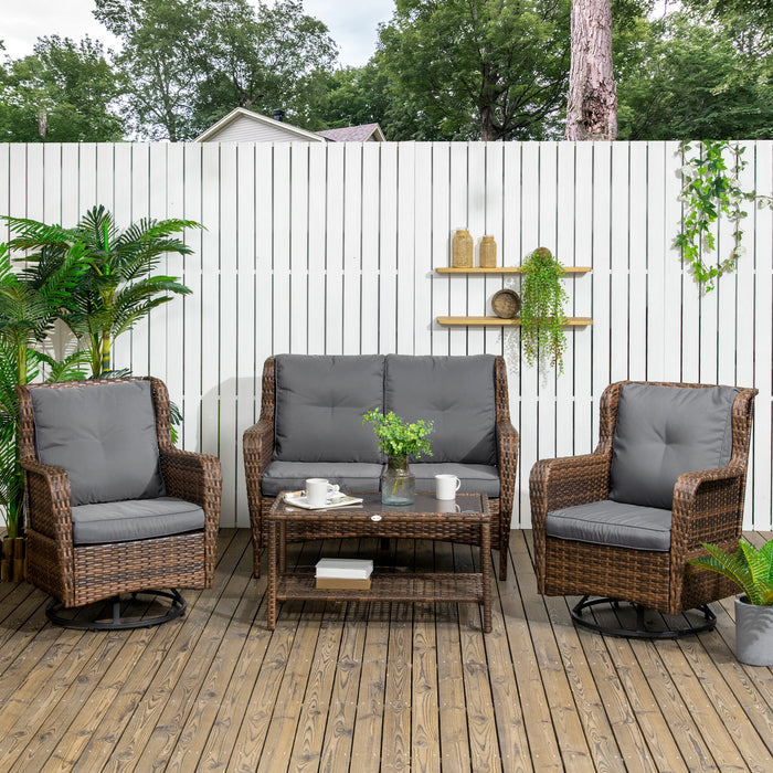 4 Piece Rattan Couch, with 2 Swivel Rocking Chairs, 2-Tier Glass Table and Sofa, All-Weather PE Set for Garden, Patio, Gray