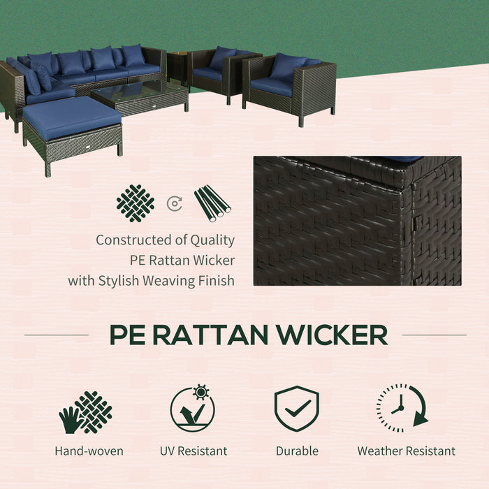 9-Piece Rattan Wicker Outdoor Patio Furniture Set with Modern Design  Thick Soft Cushions  & Tea Table  Navy