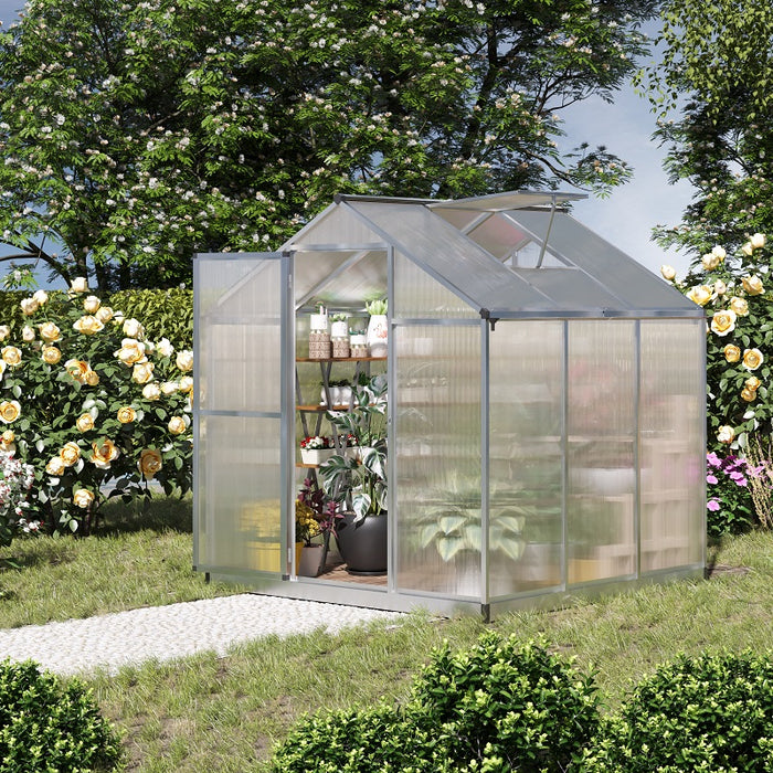 6' L x 6' W Walk-In Polycarbonate Greenhouse with Roof Vent for Ventilation & Rain Gutter, Hobby Greenhouse for Winter, Clear