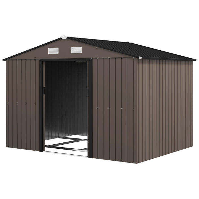 Outsunny Outdoor Shed Garden Storage Shed, Tool Storage Building with 4 Vents and 2 Sliding Doors for Garden Patio Lawn, 9' x 6', Brown