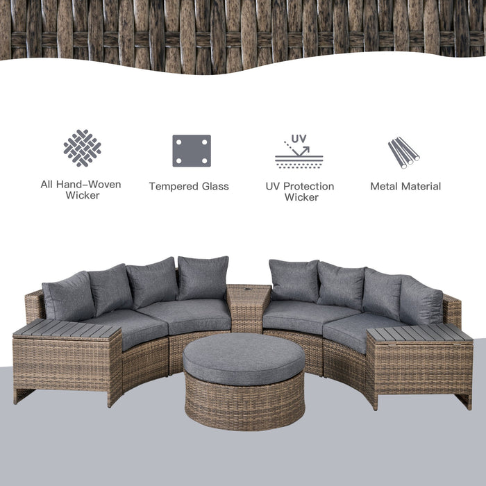 8 Piece Outdoor Rattan Sofa, Half Round Patio Furniture Set with Side Tables, Umbrella Hole, and Cushions, Mixed Grey