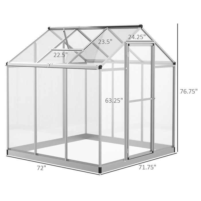 6' L x 6' W Walk-In Polycarbonate Greenhouse with Roof Vent for Ventilation & Rain Gutter, Hobby Greenhouse for Winter, Clear