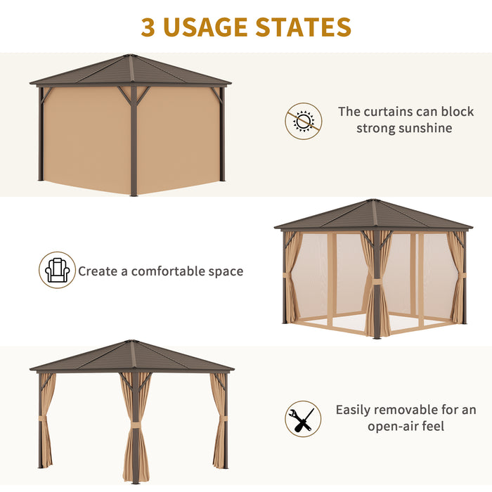 10x10 Hardtop Gazebo with Aluminum Frame, Permanent Metal Roof Gazebo Canopy with Curtains and Netting for Garden, Light Brown