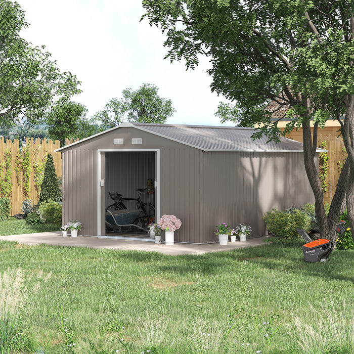 11' x 12.6' Metal Storage Shed, Tin Garden Shed with Double Sliding Doors, 4 Air Vents for Backyard, Patio & Lawn, Light Gray