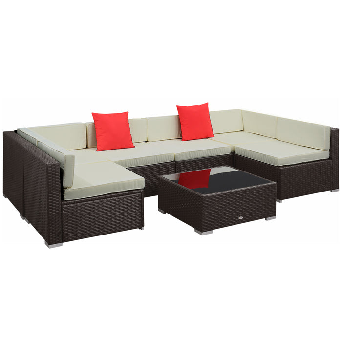 7 Piece Outdoor Patio Furniture Set Rattan Sectional Sofa with White Cushions for Backyard Garden