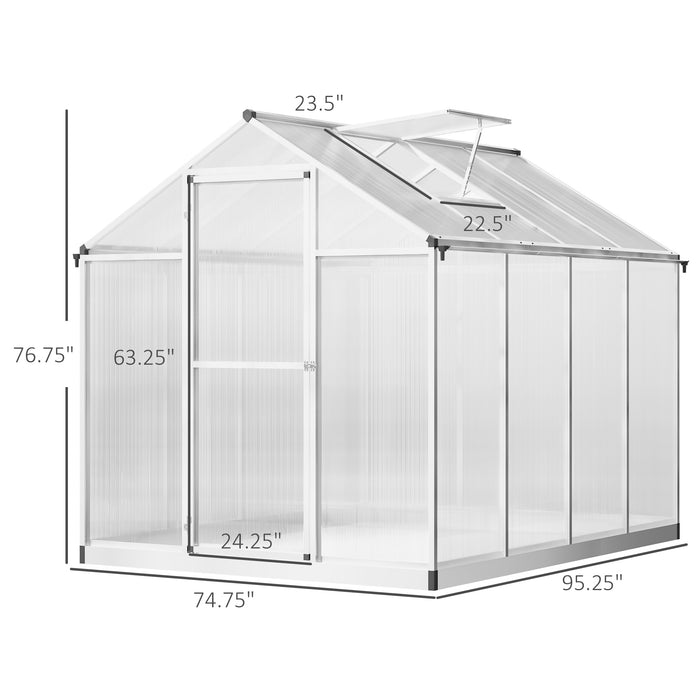 8' L x 6' W Walk-In Polycarbonate Greenhouse with Roof Vent for Ventilation & Rain Gutter, Hobby Greenhouse for Winter