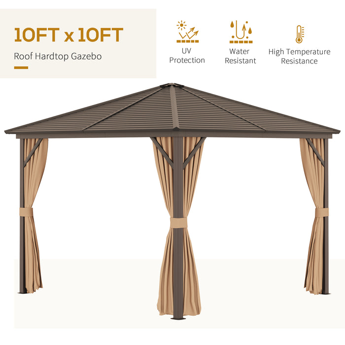 10x10 Hardtop Gazebo with Aluminum Frame, Permanent Metal Roof Gazebo Canopy with Curtains and Netting for Garden, Light Brown