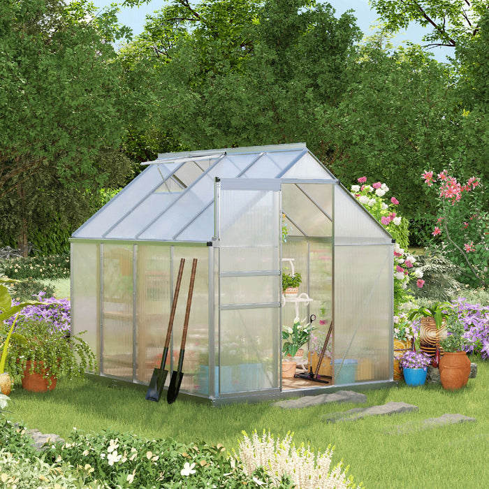 8' x 6' Aluminum Greenhouse Polycarbonate Walk-in Garden Greenhouse Kit with Adjustable Roof Vent, Rain Gutter and Sliding Door for Winter