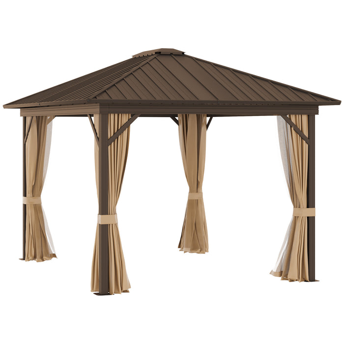 Brown Hardtop Gazebo: 10'x12' with Steel Roof, Netting Curtains & Light Hook