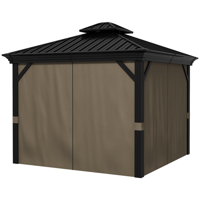 10x10 Gazebo Hardtop, with Curtains, Nettings, Metal Double Roof, Aluminum Frame and Hooks, for Garden, Patio, Dark Brown