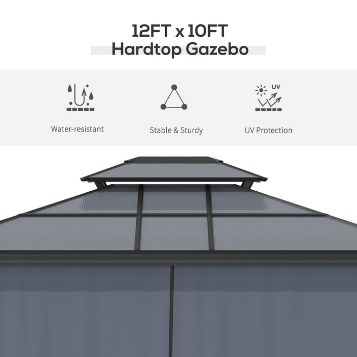 10x12 Black Aluminum Hardtop Gazebo with Polycarbonate Canopy Curtains Netting for Outdoor Use