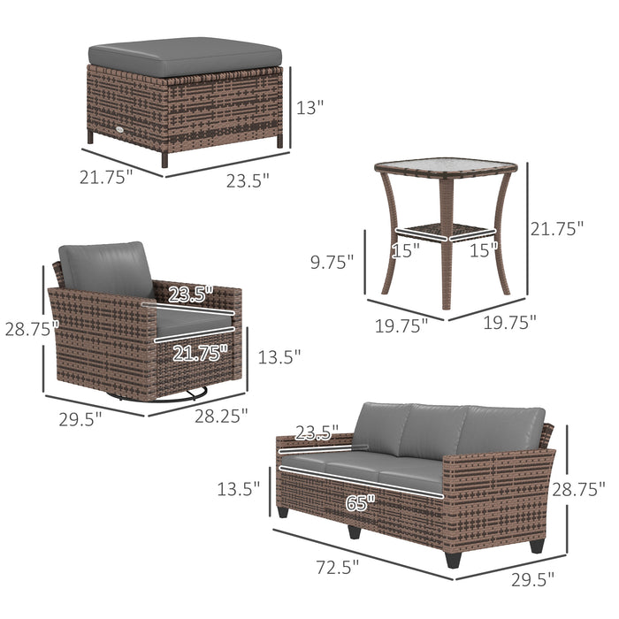 Outsunny Rattan Patio Set 6-Piece with 3-Seater Sofa Swivel Rocking Chairs Footstools 2 Tier Table Mixed Brown