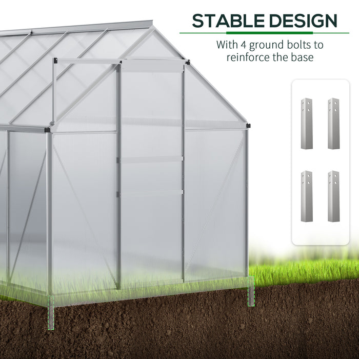 12' x 6' Aluminum Greenhouse, Polycarbonate Walk-in Garden Greenhouse Kit with Adjustable Roof Vent, Rain Gutter and Sliding Door, Silver