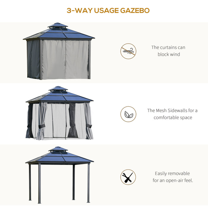 10' x 10' Hardtop Gazebo with Aluminum Frame, Polycarbonate Gazebo Canopy with Curtains, Netting for Garden, Patio, Backyard, Gray