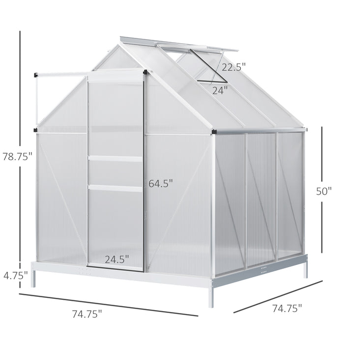 6'x6' Greenhouse with Polycarbonate, Heavy-Duty Greenhouse w/Adjustable Roof Vent, Rain Gutter and Sliding Door, Silver