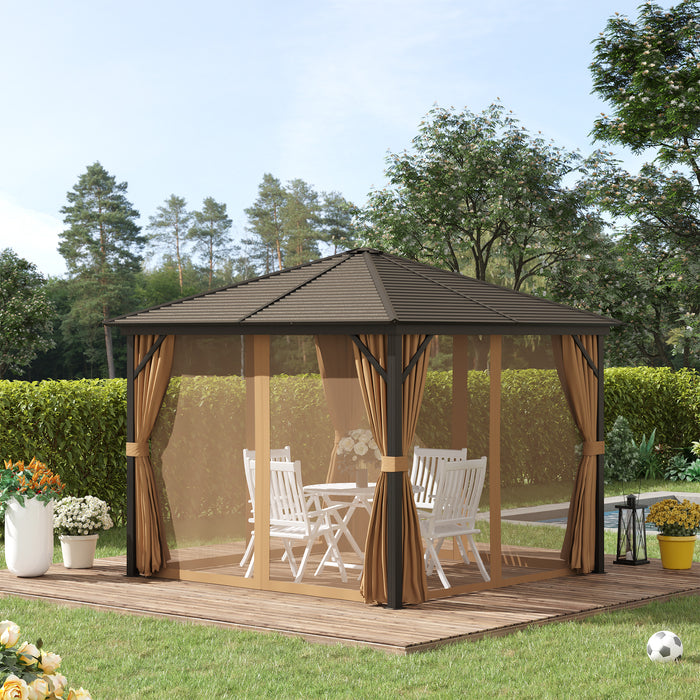 10x10 Hardtop Gazebo with Aluminum Frame, Permanent Metal Roof Gazebo Canopy with Curtains and Netting for Garden, Light Brown