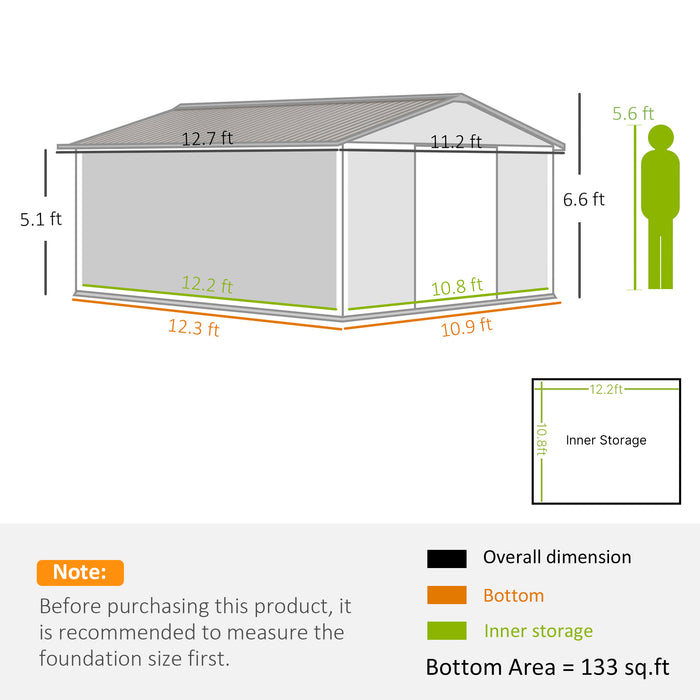 11' x 12.6' Metal Storage Shed, Tin Garden Shed with Double Sliding Doors, 4 Air Vents for Backyard, Patio & Lawn, Light Gray