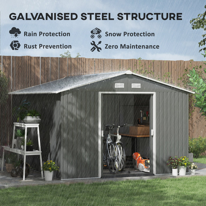 11' x 9' Metal Storage Shed Garden Tool House with Double Sliding Doors, 4 Air Vents for Backyard, Patio, Gray