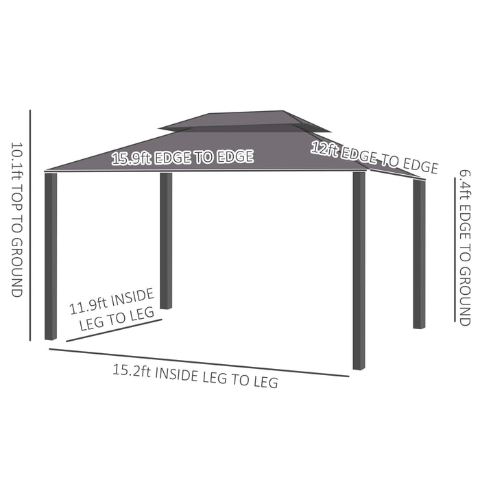 Outsunny Patio Gazebo 16' x 12' Netting & Curtains, 2 Tier Double Vented Steel Roof, Hardtop, Ceiling Hooks Aluminum Frame for Outdoor, Brown