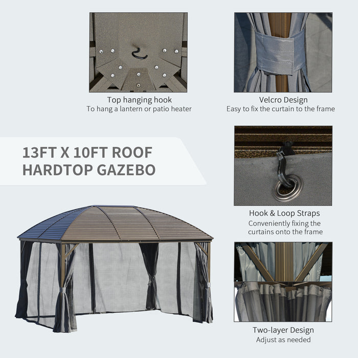 10x13 Gray Hardtop Gazebo with Steel Roof Curtains Netting Pavilion Ceiling Hook for Patio Garden