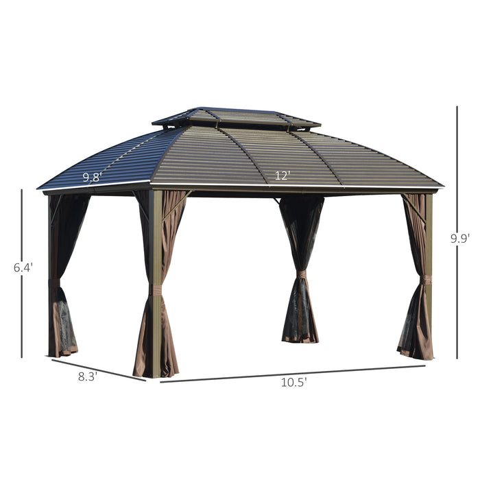 Hardtop Gazebo 10x12 Aluminum Frame Metal Roof with Curtains Netting for Garden Patio Backyard Brown