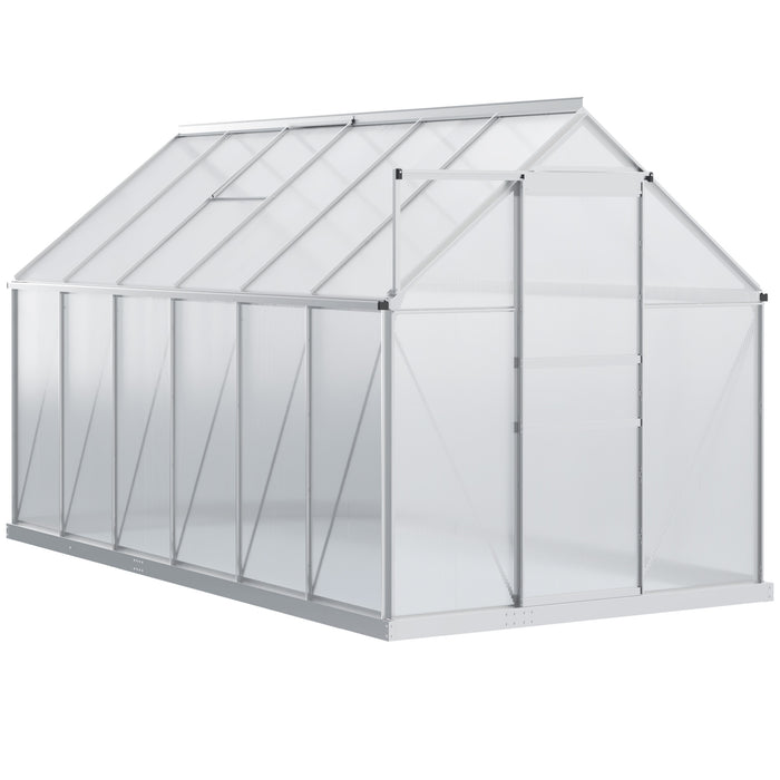 12' x 6' Aluminum Greenhouse, Polycarbonate Walk-in Garden Greenhouse Kit with Adjustable Roof Vent, Rain Gutter and Sliding Door, Silver