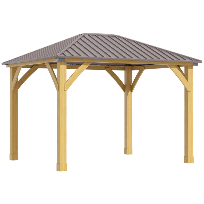 10x12 Galvanized Steel Gazebo with Wooden Frame, Permanent Metal Roof Gazebo Canopy for Garden, Patio, Backyard, Brown