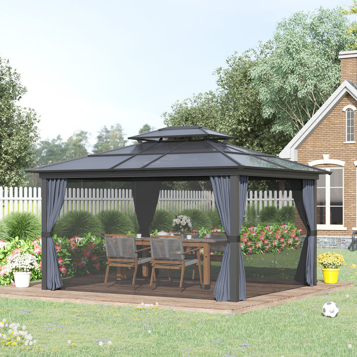 10x12 Black Aluminum Hardtop Gazebo with Polycarbonate Canopy Curtains Netting for Outdoor Use