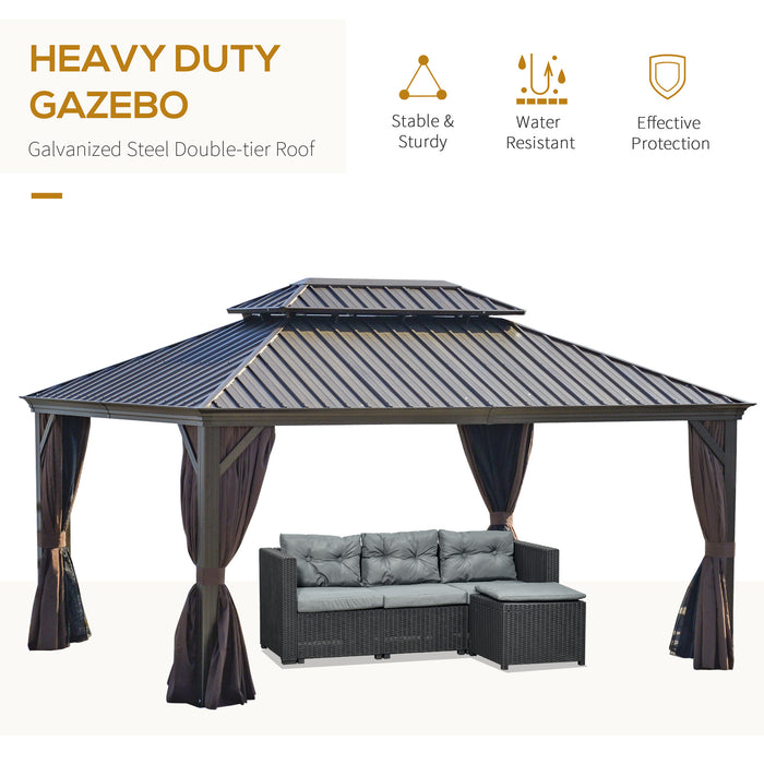 Outsunny Patio Gazebo 16' x 12' Netting & Curtains, 2 Tier Double Vented Steel Roof, Hardtop, Ceiling Hooks Aluminum Frame for Outdoor, Brown