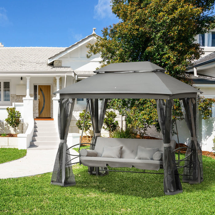 Outsunny Patio Swing Chair 3 Person Gazebo Design with Double Tier Canopy Cushioned Seat Mesh Sidewalls in Gray